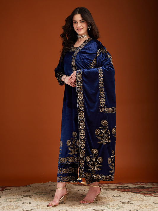 Blue Velvet Magic Straight Long Kurta With Plazo And Dupatta