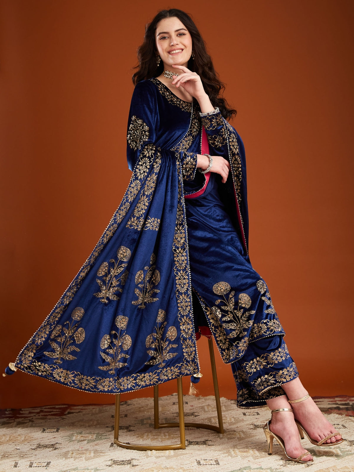 Blue Velvet Magic Straight Long Kurta With Plazo And Dupatta