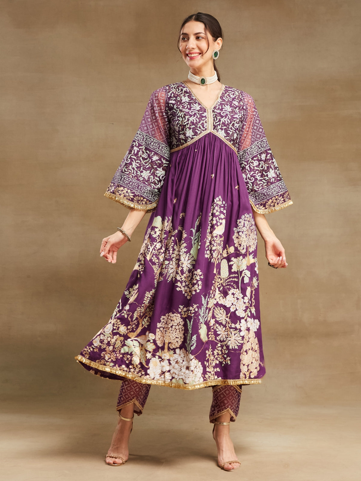 Purple Noor V Neck Anarkali With Pant And Dupatta