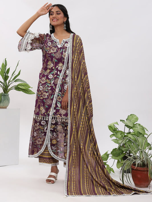 Purple Fanah Kurta With Plazo And Dupatta