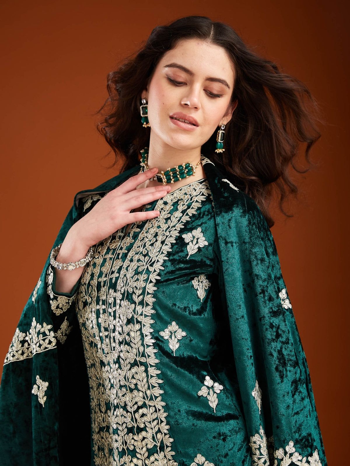 Green Velvet Magic Straight  Kurta With Salwar And Dupatta