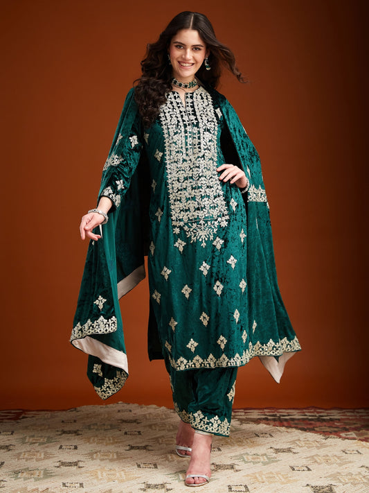 Green Velvet Magic Straight  Kurta With Salwar And Dupatta