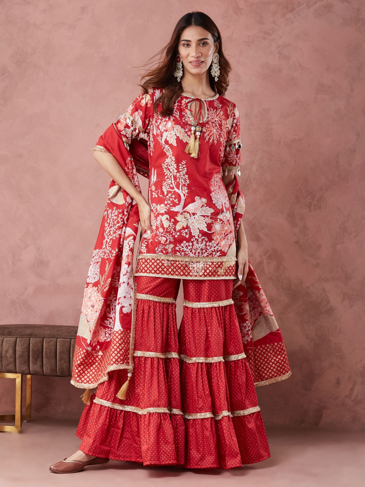 Red Noor key hole kurta with garara and dupatta