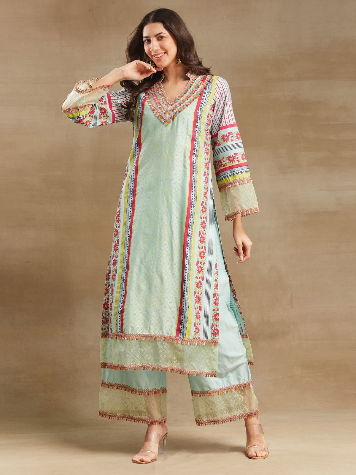 Blue Noor long straight kurta with plazo and dupatta