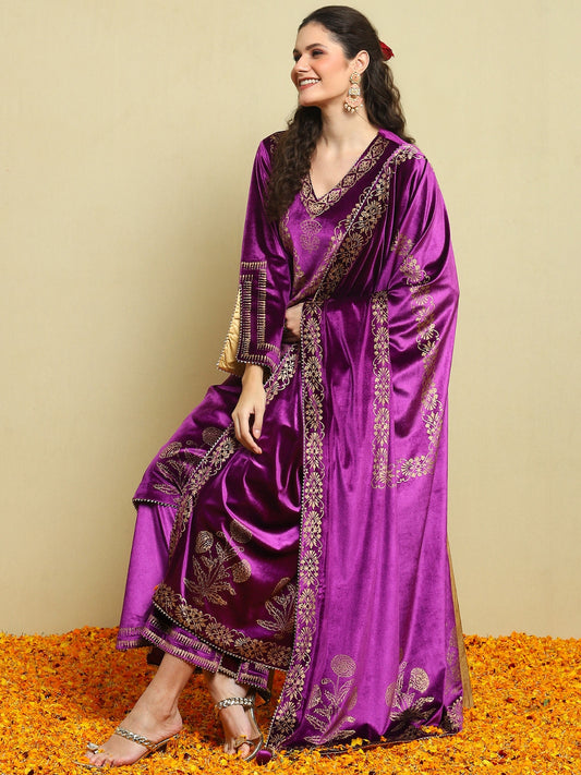 Purple Velvet Magic Kurta With Plazo And Dupatta