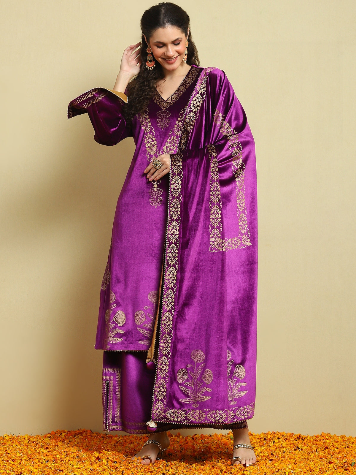 Purple Velvet Magic Kurta With Plazo And Dupatta