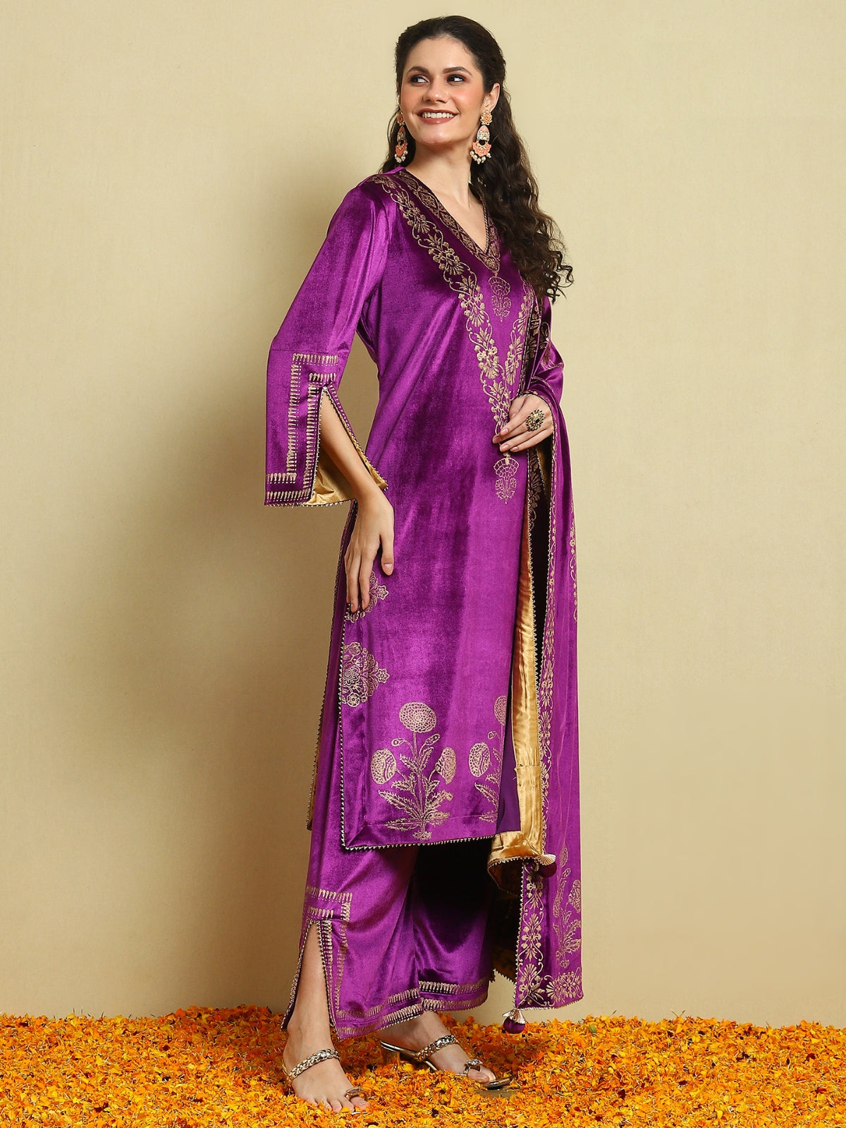 Purple Velvet Magic Kurta With Plazo And Dupatta