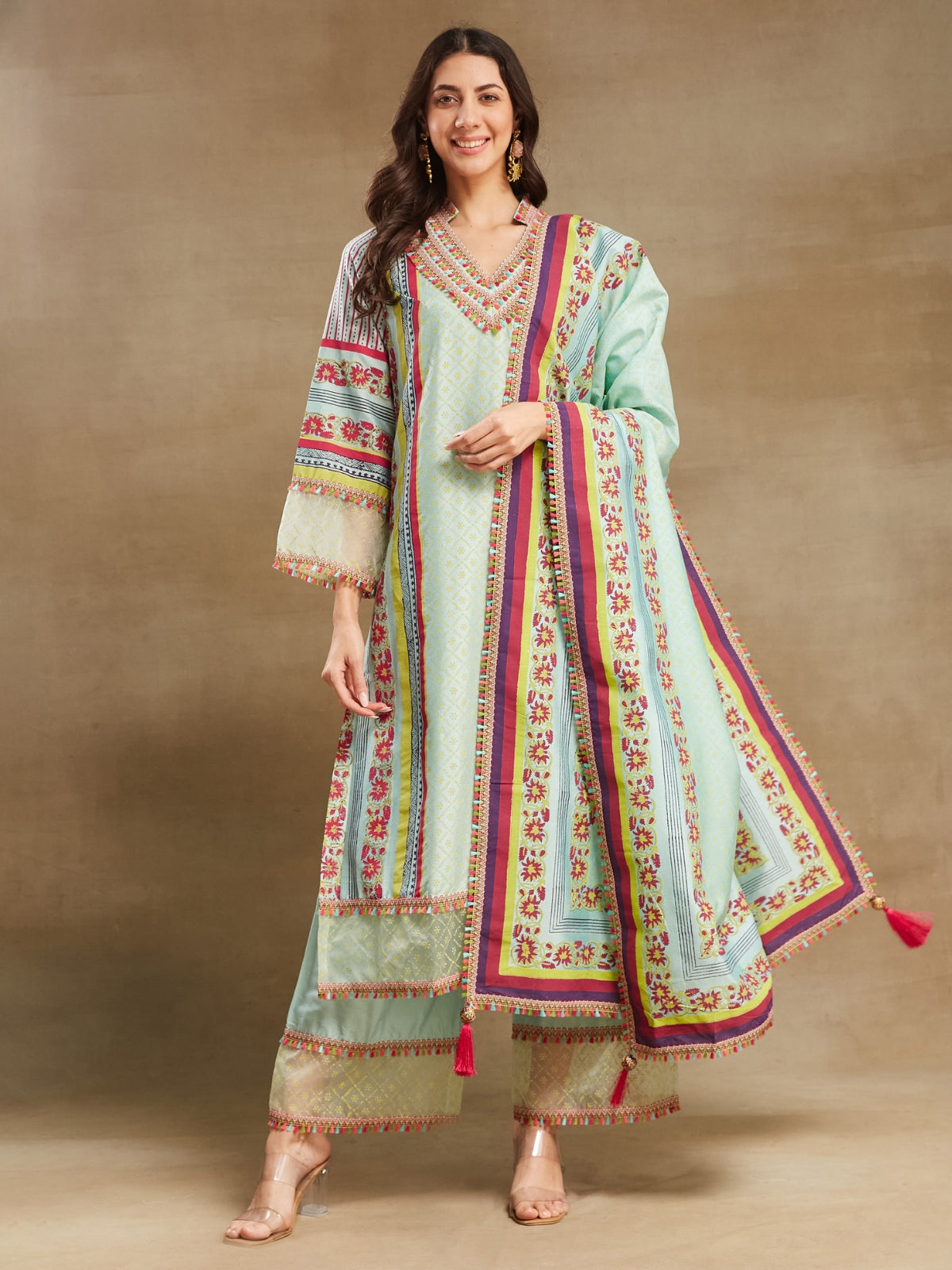 Blue Noor long straight kurta with plazo and dupatta