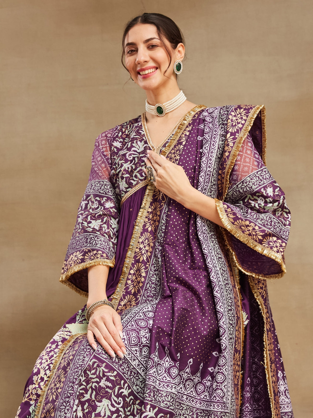 Purple Noor V Neck Anarkali With Pant And Dupatta