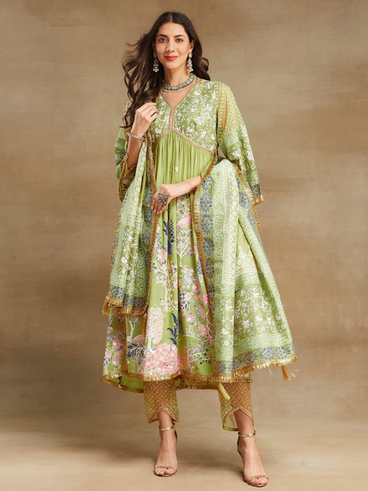 Green Noor V Neck Anarkali With Pant And Dupatta